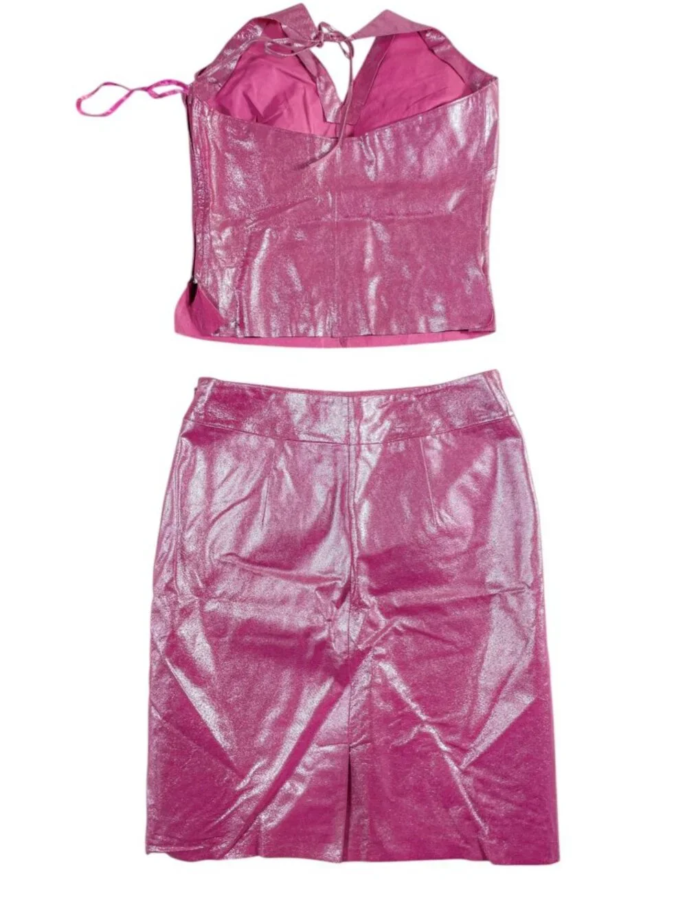 Rare Vintage Y2K Express Hot Pink 100% Leather Halter Top Skirt Set Sz XS Fest - Picture 8 of 16